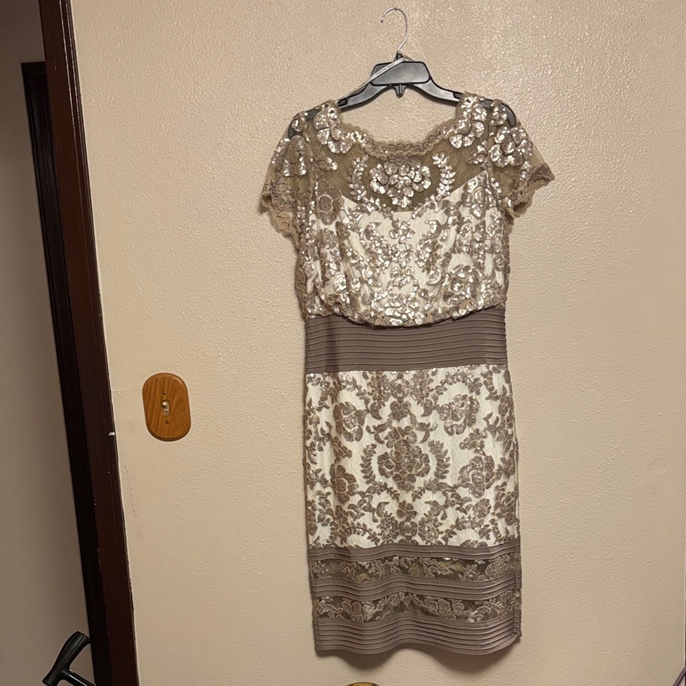 Tadashi Shoji Ivory Dress with Taupe Lace and Sequin Detail